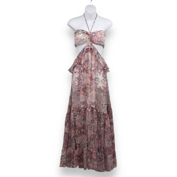 Rococo Sand Paola Cutout Bandeau Halter Maxi Dress M Metallic Ruffle Smocked - Picture 1 of 10
